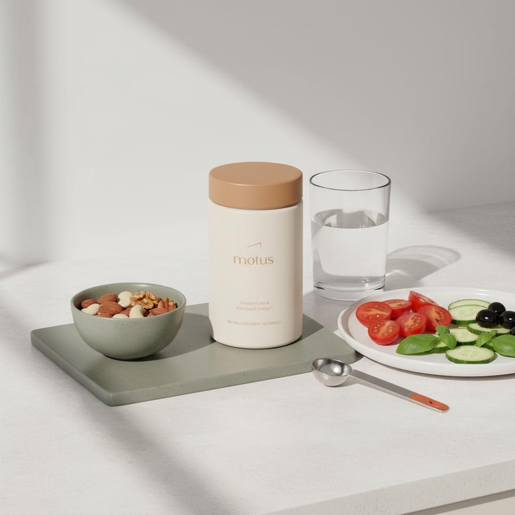 Tonum Motus container on a minimalist kitchen counter beside mixed nuts, Mediterranean vegetables and water, illustrating how liver affects metabolism and daily nutrition