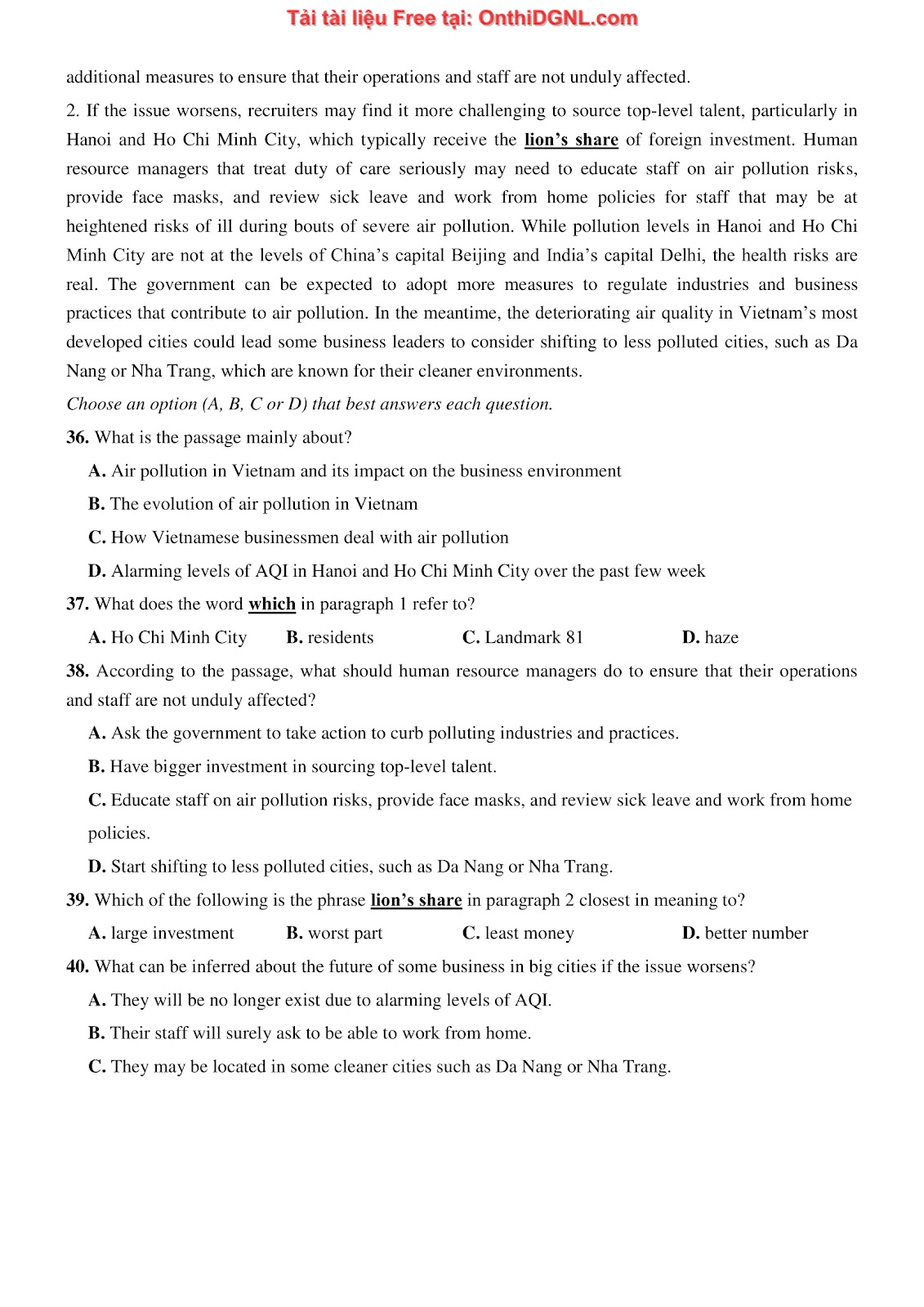 800 bài tập môn Tiếng Anh - Ôn thi ĐGNL ĐHQG TP HCM Phần 28