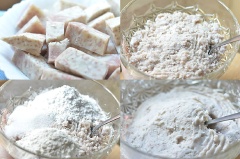 Khoai môn gọt vỏ, rửa sạch. Cắt khoai môn thành các miếng cỡ vừa đều nhau. Đun sôi nước trong nồi hấp, cho khoai môn vào hấp trong khoảng 20-25 phút đến khi khoai bở tơi. Dùng muỗng gỗ hoặc nĩa nghiền nhuyễn phần khoai môn. Cho đường, bột mì, bột năng vào phần khoai môn đã nghiền nhuyễn, trộn thật đều. Từ từ cho phần sữa tươi vào trộn cùng đến khi được một khối bột mềm dẻo.