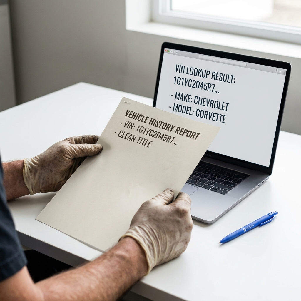 Close up of mechanic hands holding vehicle history report beside a laptop showing a VIN lookup highlighting Dodge reliability with a subtle blue pen accent on white background