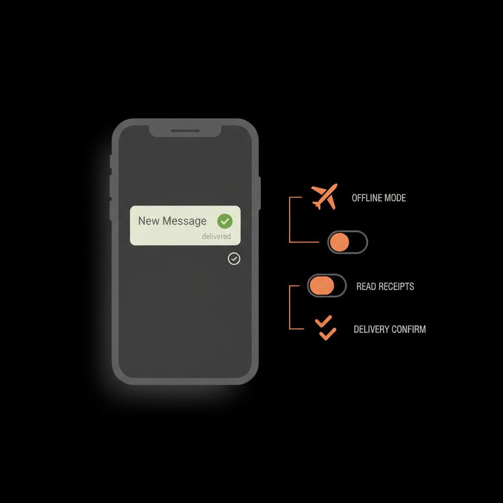 Minimal full-frame infographic showing smartphone notification, airplane mode icon, and read receipts toggle to illustrate how to hide delivered ticks WhatsApp