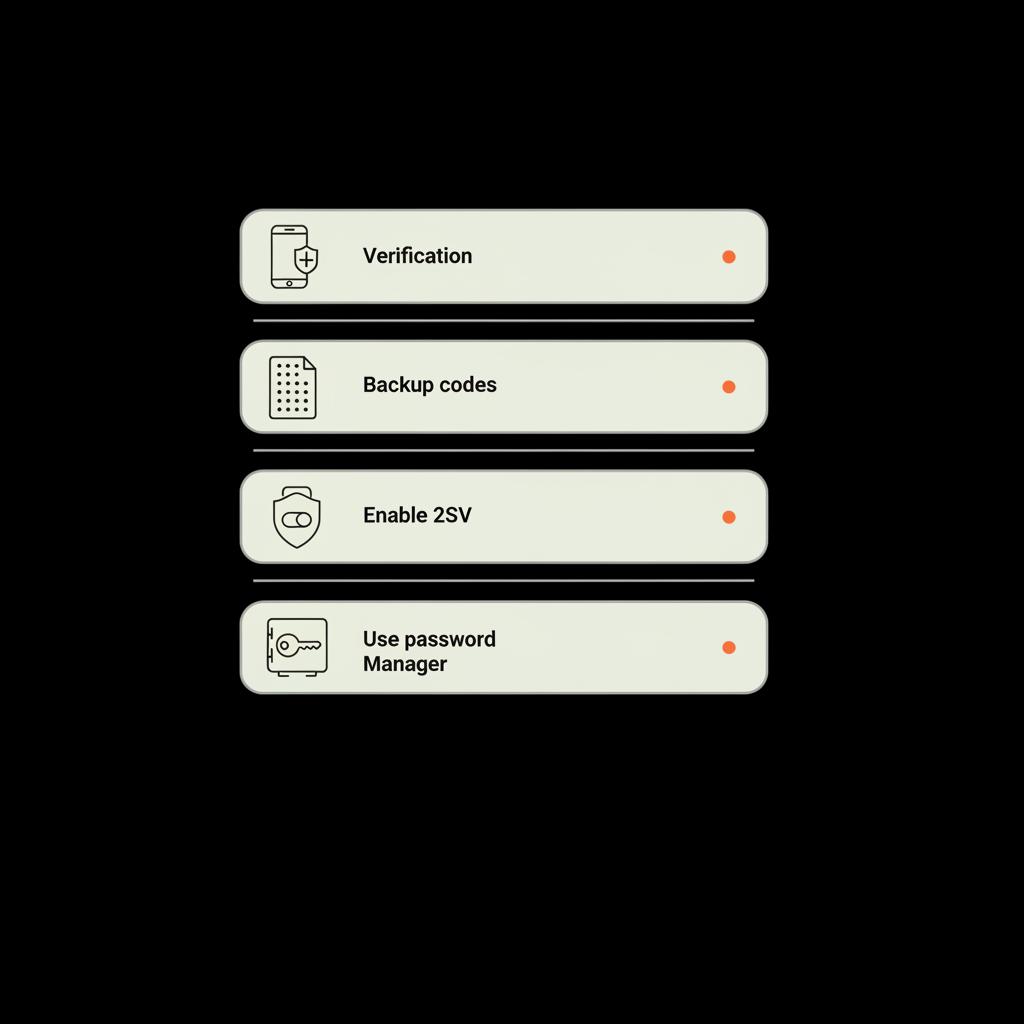 Minimal vector checklist infographic showing steps to recover Gmail account with icons for verify phone, save backup codes, enable 2SV, and use a password manager.