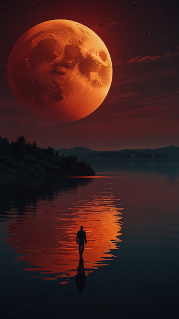 Silhouette Walking on Water Under Blood Moon - Free mobile Wallpaper