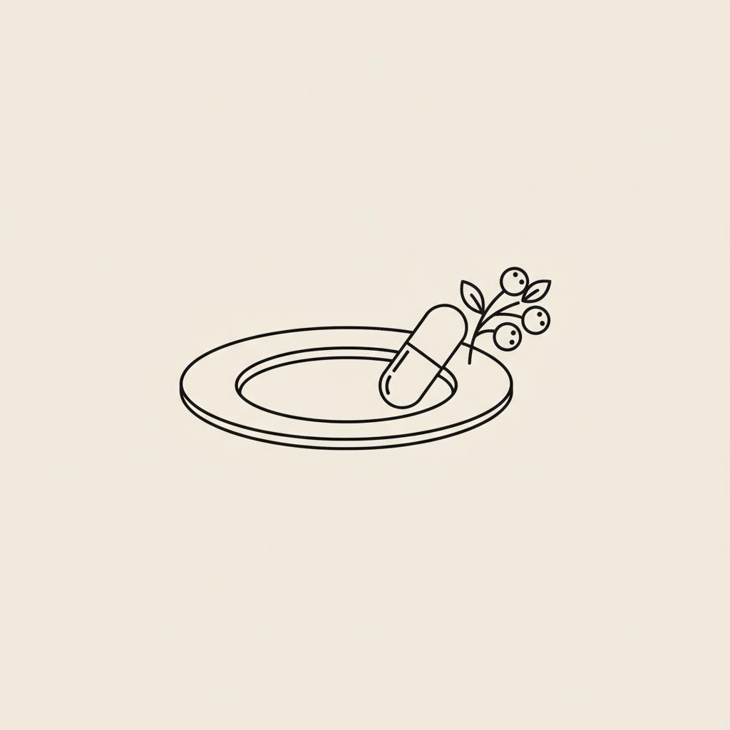 Minimal Tonum-style line illustration of a plate, capsule and berry sprig on a beige background for holistic weight loss