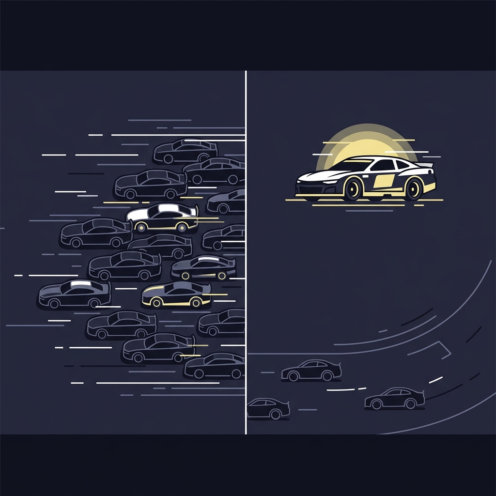 Minimalist 2D vector split image showing a packed superspeedway contrasted with a short track single leader in clean air illustrating variance versus control nascar expert picks
