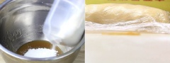 Thêm vụn dừa và nam việt quất vào hỗn hợp sữa trộn đều sau đó để vào tủ lạnh khoảng 30 phút. Cho nước đường nấu làm bánh vào âu, thêm 2g nước và đổ dầu ăn vào khuấy đều. Thêm bột mì, trộn đều sau đó nhào bột thành khối đồng nhất. Bọc bột bằng màng bọc thực phẩm rồi để tủ lạnh khoảng 2 giờ.