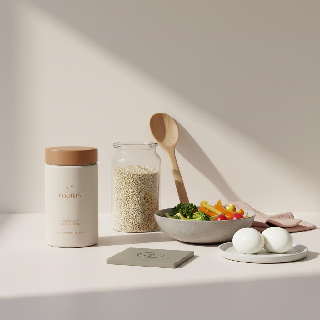 Tonum Motus container on a minimalist kitchen countertop with a jar of quinoa, wooden spoon, bowl of mixed vegetables and two boiled eggs — how to lose weight without gluten
