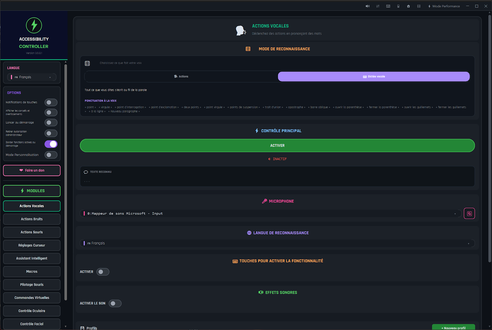 Accessibility Controller - mode Dictée vocale des Actions Vocales avec l'aide de ponctuation à la voix