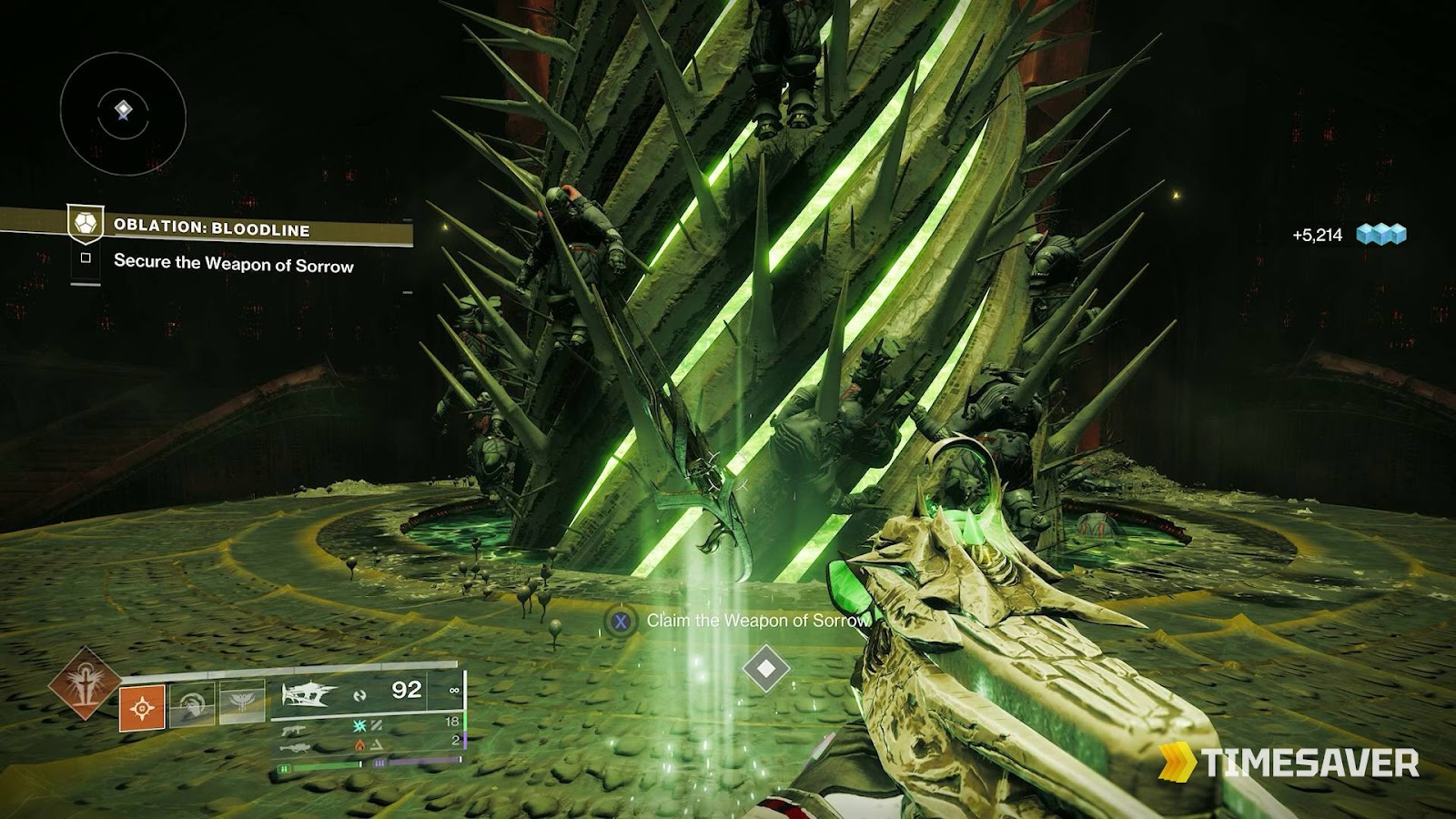 The Oblation: Bloodline exotic mission objective in Destiny 2, securing the Weapon of Sorrow before the large green Hive crystal