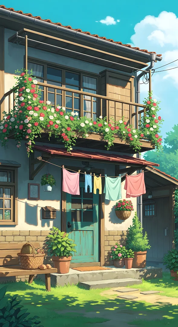 Idyllic Cottage Garden with Hanging Laundry