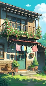 Idyllic Cottage Garden with Hanging Laundry