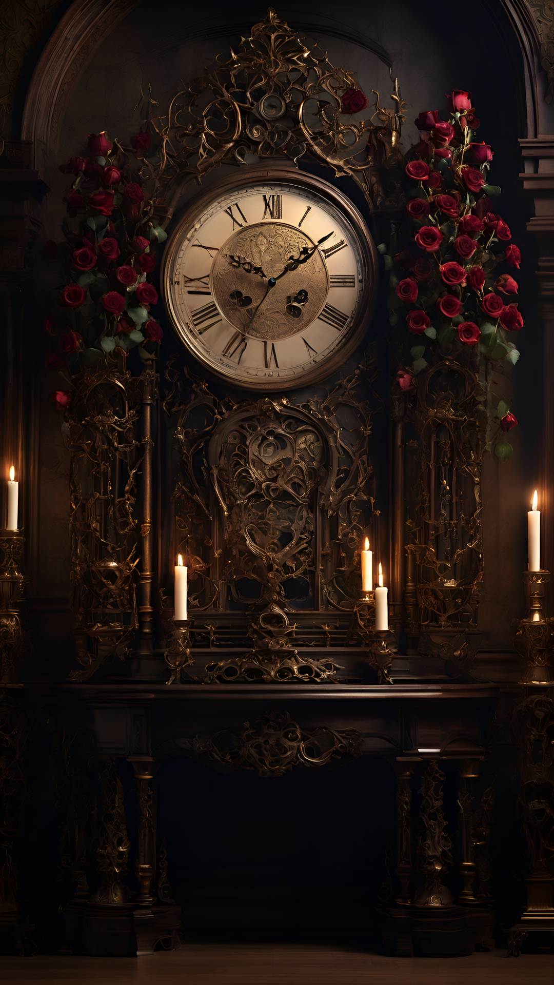 Baroque Grandfather Clock Dark Ornate Filigree Red Roses - Free 4K mobile Wallpaper