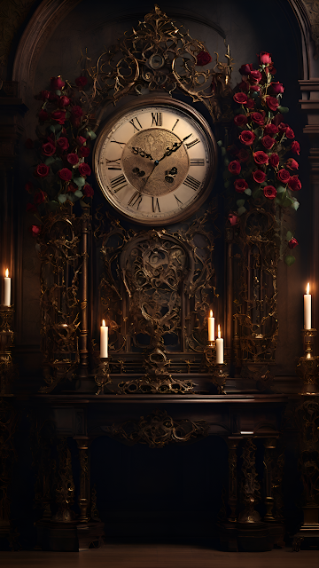 Baroque Grandfather Clock Dark Ornate Filigree Red Roses - Free mobile Wallpaper