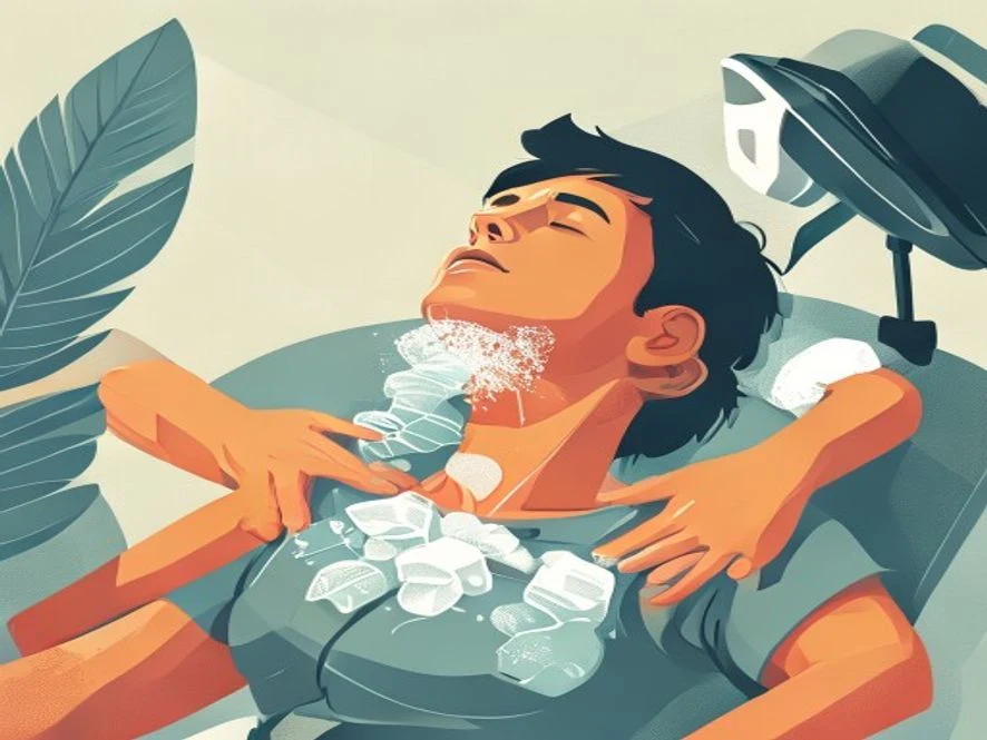 열사병 환자에게 몸을 식히기 위해 얼음팩을 대거나 부채질을 하는 등 응급처치를 하는 모습을 보여주는 이미지
