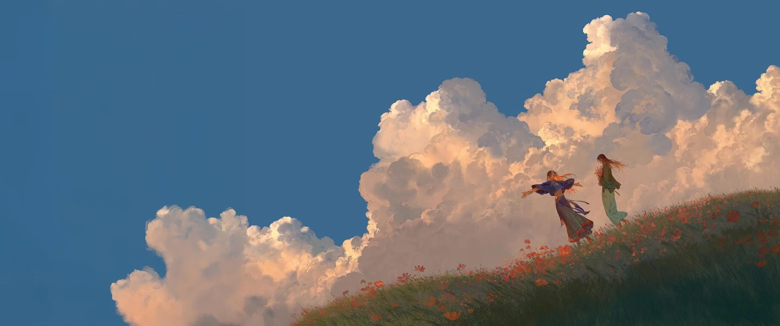 Two Figures on a Grassy Hill - Digital Illustration 4K Wallpaper (5160x2160)