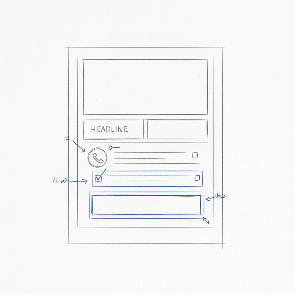 Close-up notebook sketch of a landing page wireframe with headline placeholder, phone CTA icon, and form field sketches &mdash; google ads for realtors