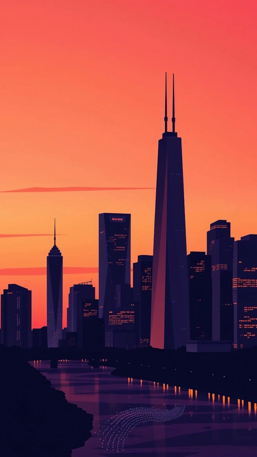 Chicago Skyline Dusk Vector Art over River - Free 4K mobile Wallpaper