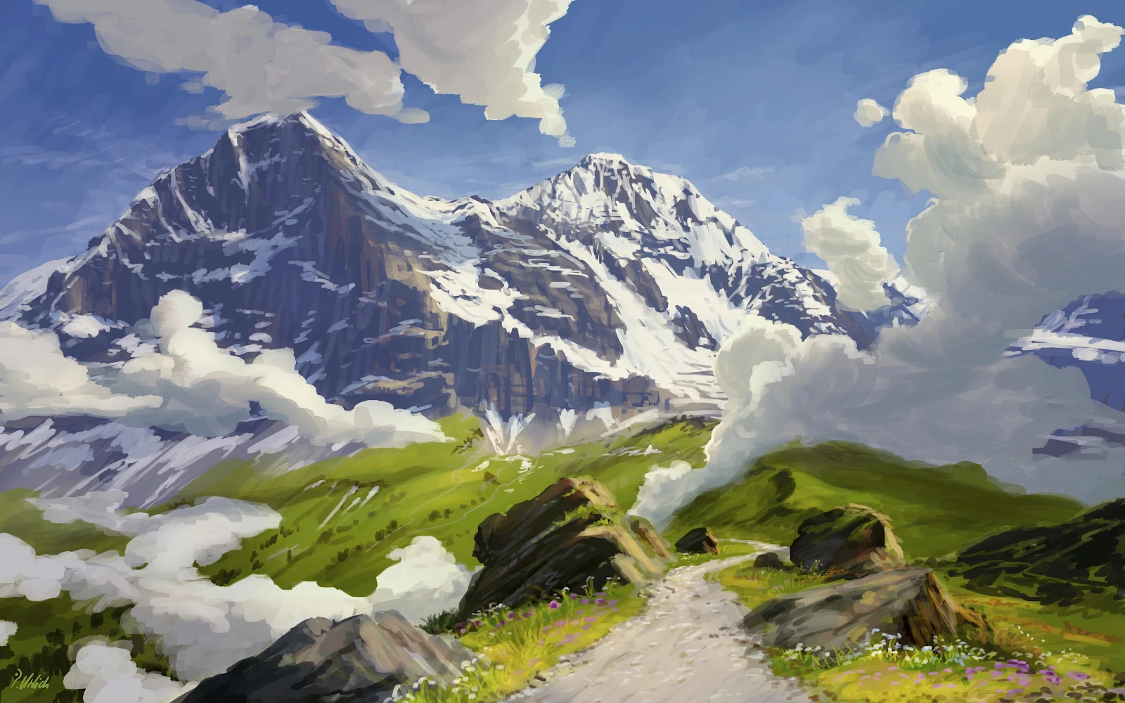 Snowy Mountain Hiking Trail - Digital Painting 4K Wallpaper (3840x2400)