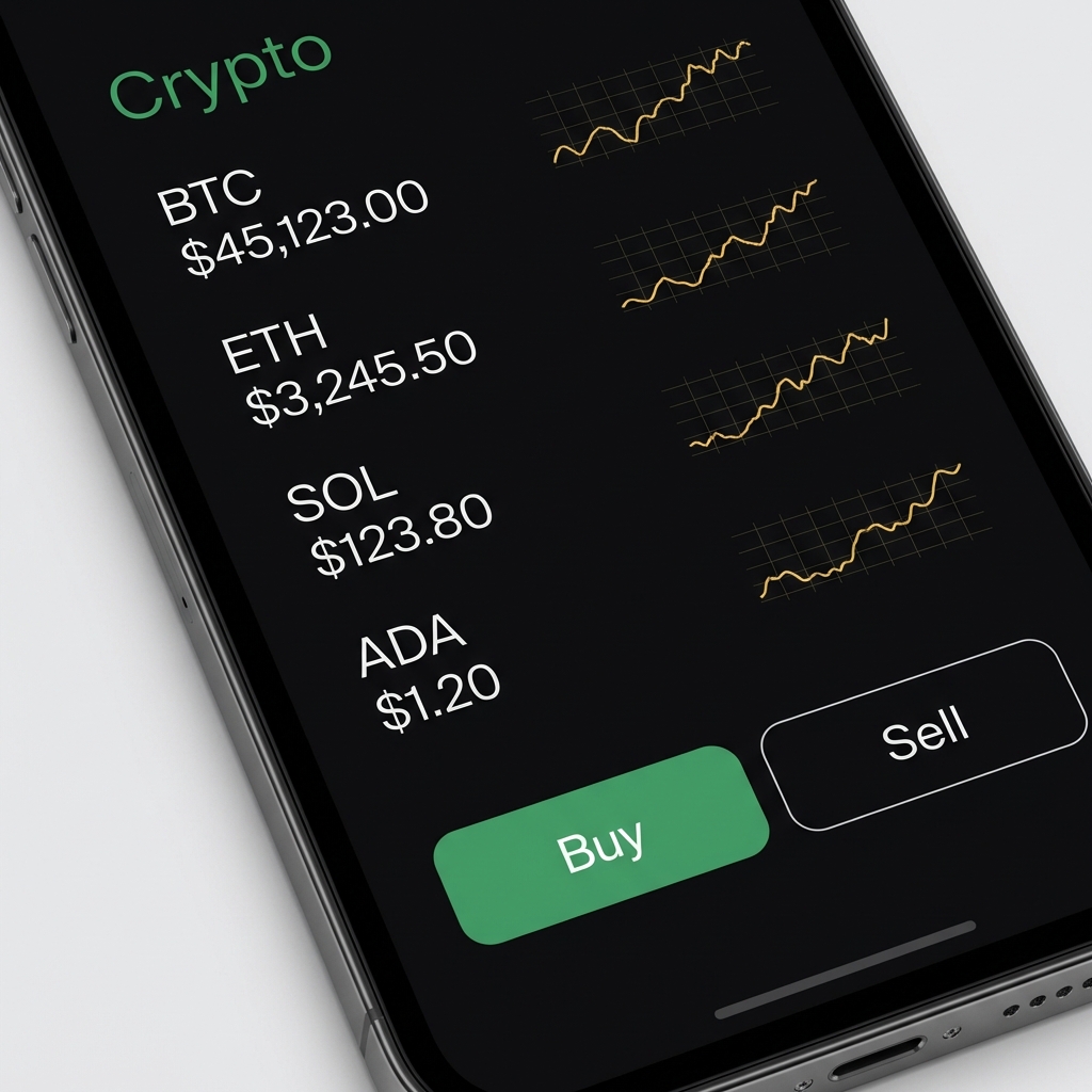 Close up smartphone showing a Robinhood style crypto trading interface with buy and sell buttons and token prices green accents on dark charcoal background full frame