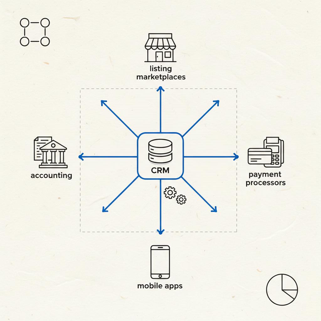 Minimal 2D vector notebook sketch of a property management CRM hub with blue connection lines to accounting, payment processors, listing marketplaces, and mobile apps