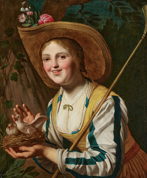 A shepherdess holding a birds nest