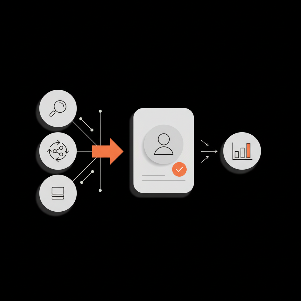 Do verified accounts get more followers? Minimal 2D vector infographic on black background showing a discovery funnel (search, referral, post) flowing into a profile card with a verified check and conversion arrows.