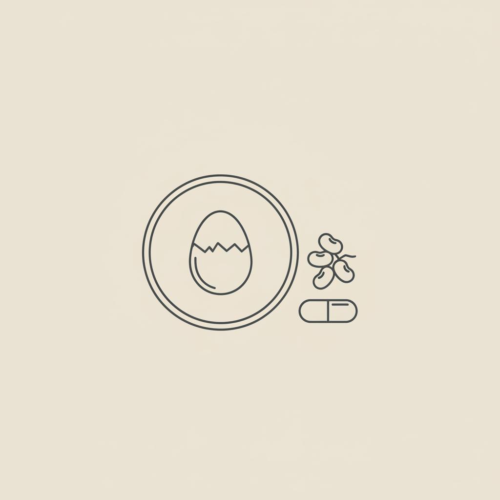 Minimal Tonum-style line illustration of a plate with an egg, a cluster of beans and a capsule on beige background representing a natural alternative to GLP-1.