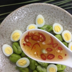 Cho nước sốt vào phần cà na cùng trứng cút cắt đôi, trộn đều cắt thêm ngò lên mặt là hoàn thành phần gỏi thơm ngon của chúng ta.