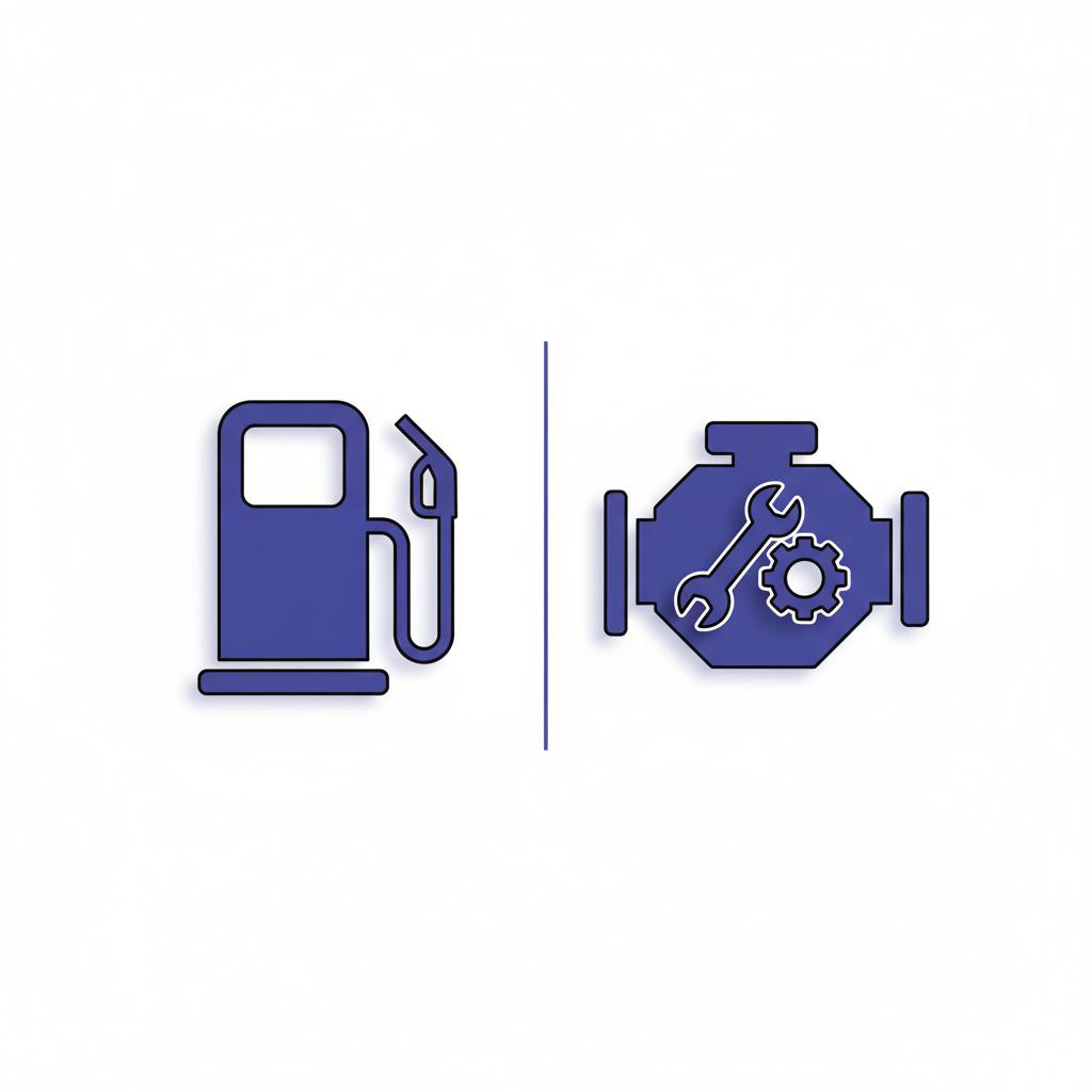Split 2D vector illustration of a fuel pump and an engine bay with a wrench and gear symbolizing fuel costs and maintenance for affordable cars for sale