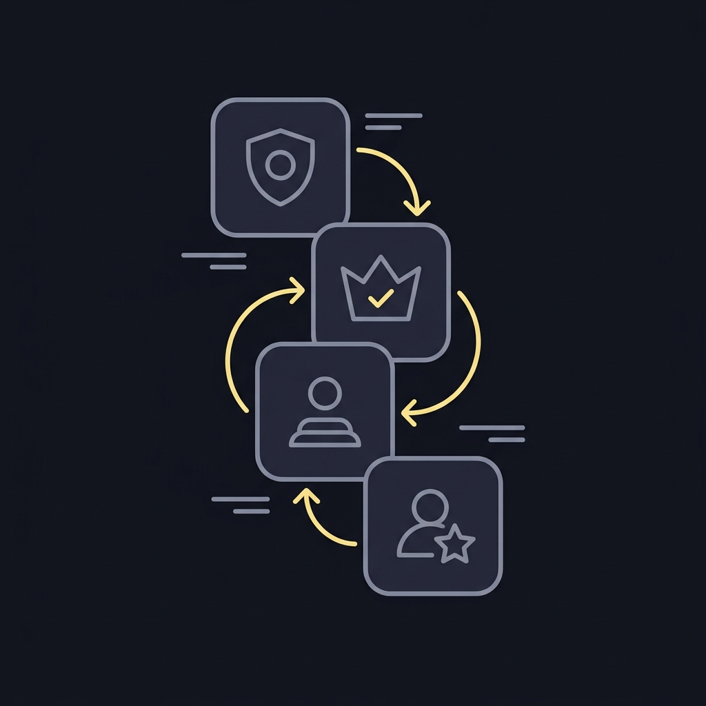 Minimalist 2D vector of stacked account icons connected by clockwise arrows showing account rotation and diversification on a dark Funded Plays background sharpest sportsbooks