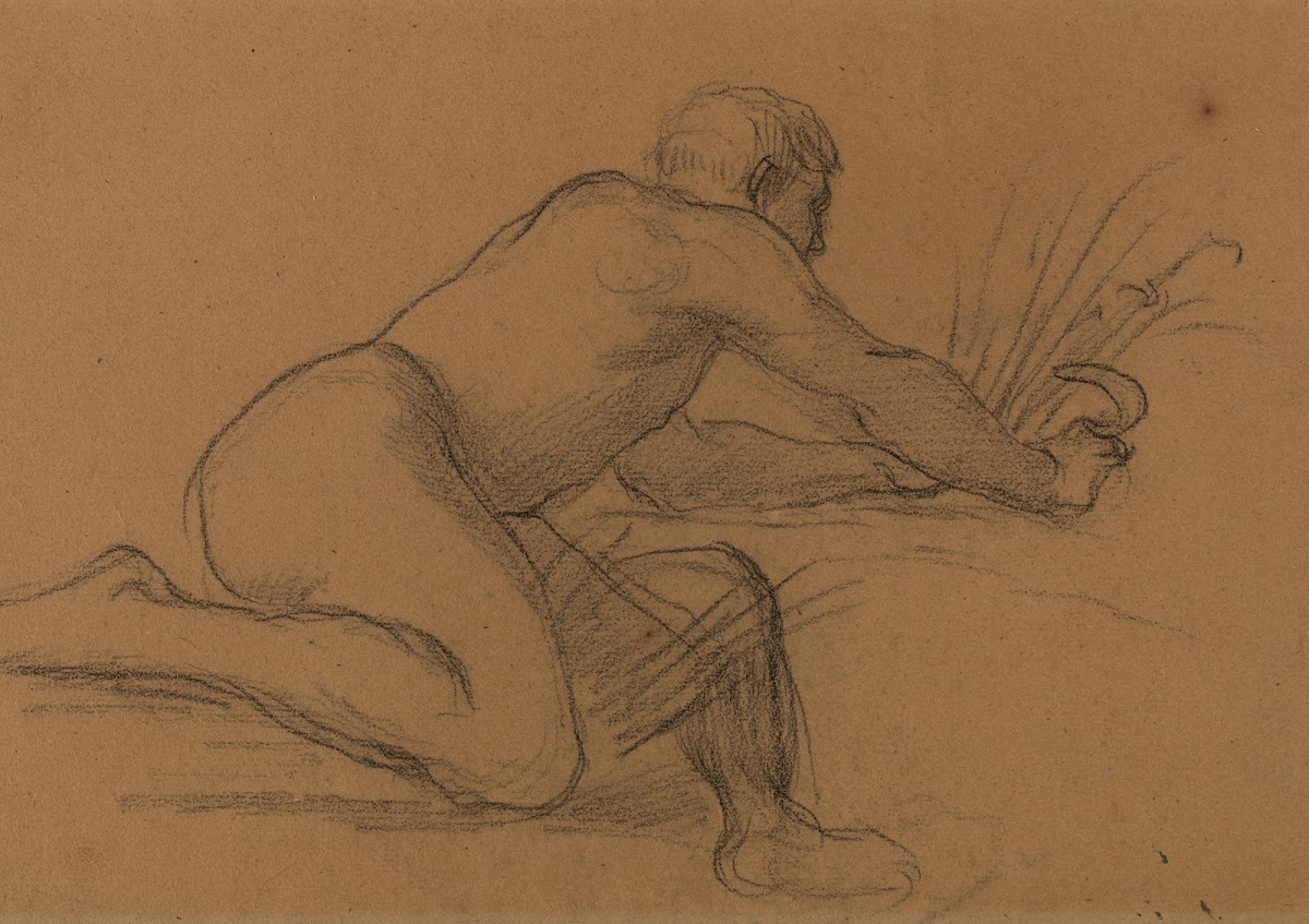 Homme nu accroupi coupant des herbes avec une faucille 1873