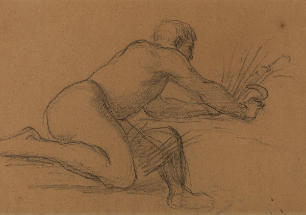 Homme nu accroupi coupant des herbes avec une faucille 1873