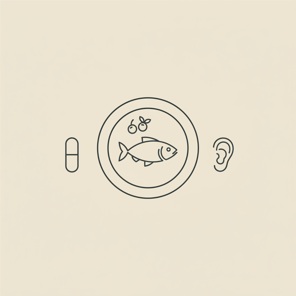 Tonum-style minimalist line illustration of a capsule, ear icon, and plate with fish and berries on beige background to represent lose fat and gain muscle