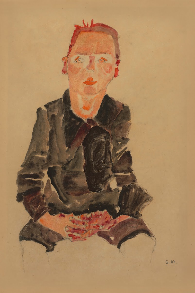 Sitzender Bub mit gefalteten Händen 1910