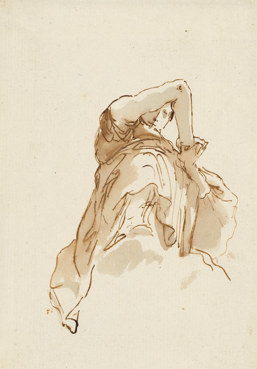 Study of a woman folding her hands seen from below