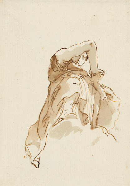 Study of a woman folding her hands seen from below