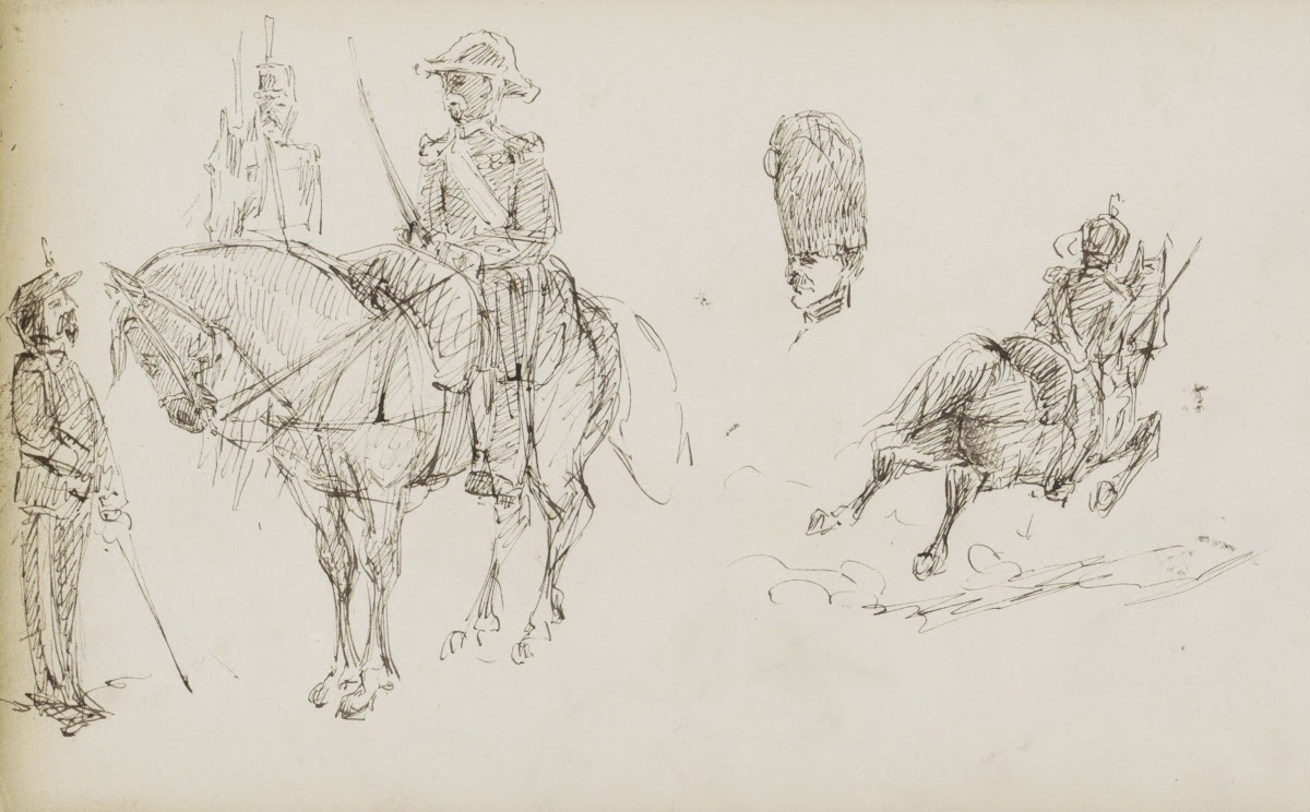 Studieblad onder andere met militairen te paard 1880