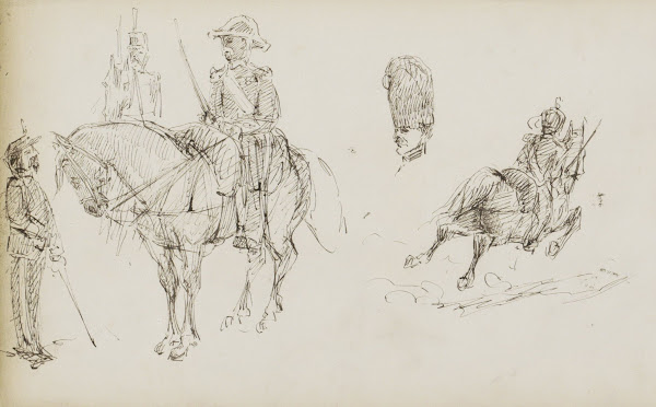 Studieblad onder andere met militairen te paard 1880