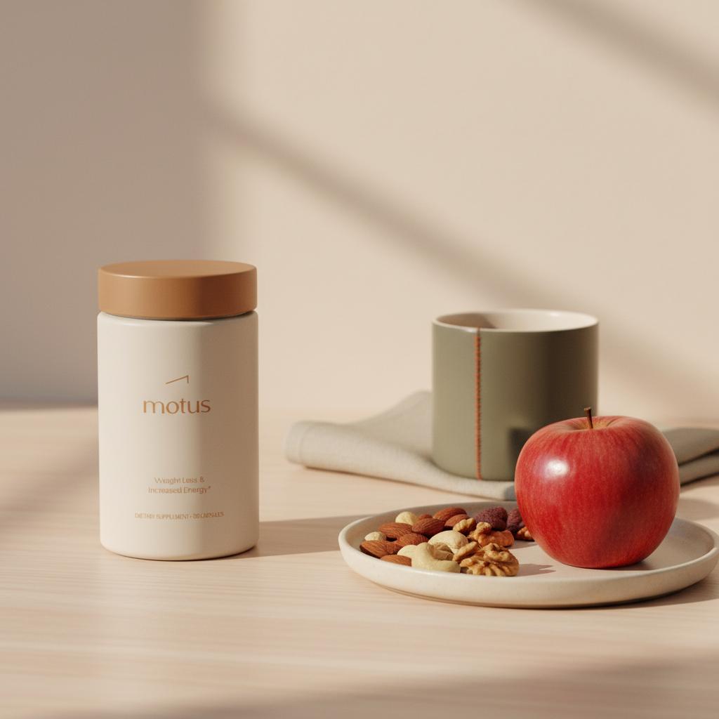 Tonum Motus supplement bottle next to mixed nuts and an apple on a minimalist kitchen counter, lifestyle scene to stop craving sugar.