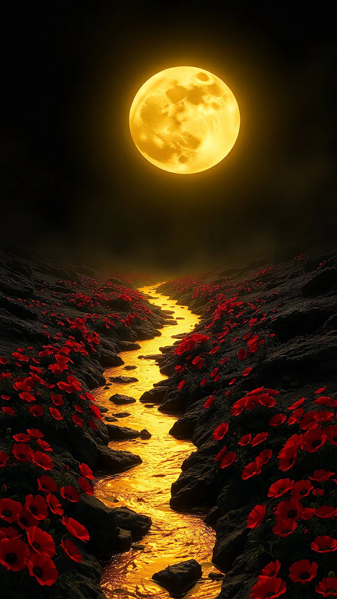 Golden River Through Red Poppies Under Full Moon - Free 4K mobile Wallpaper
