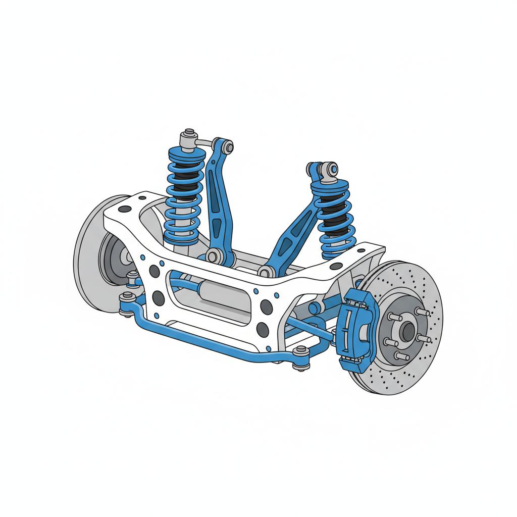 Minimalist 2D vector close up of Chrysler 300 underbody suspension components for chrysler 300 for sale showing control arm strut coil spring sway bar and brake assembly no people
