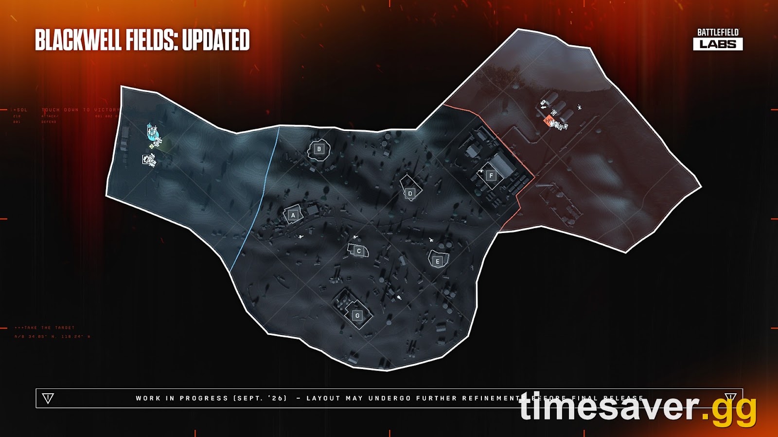 Battlefield Labs top-down layout diagram labelled Blackwell Fields Updated, showing seven capture points A to G and a work in progress September 2026 disclaimer