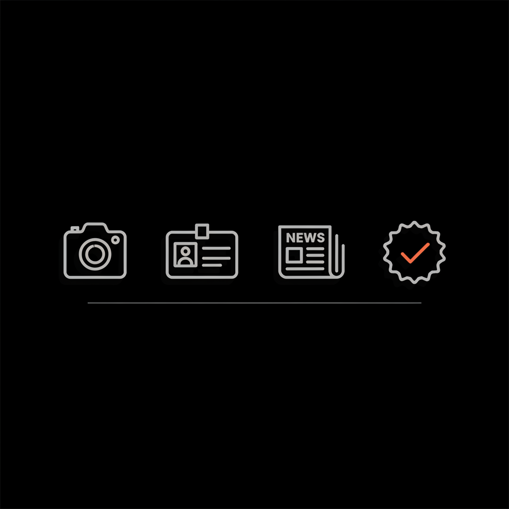 Instagram verification visual checklist infographic with four vector icons (camera, ID card, newspaper, verified badge) on black background using Social Success Hub colors.