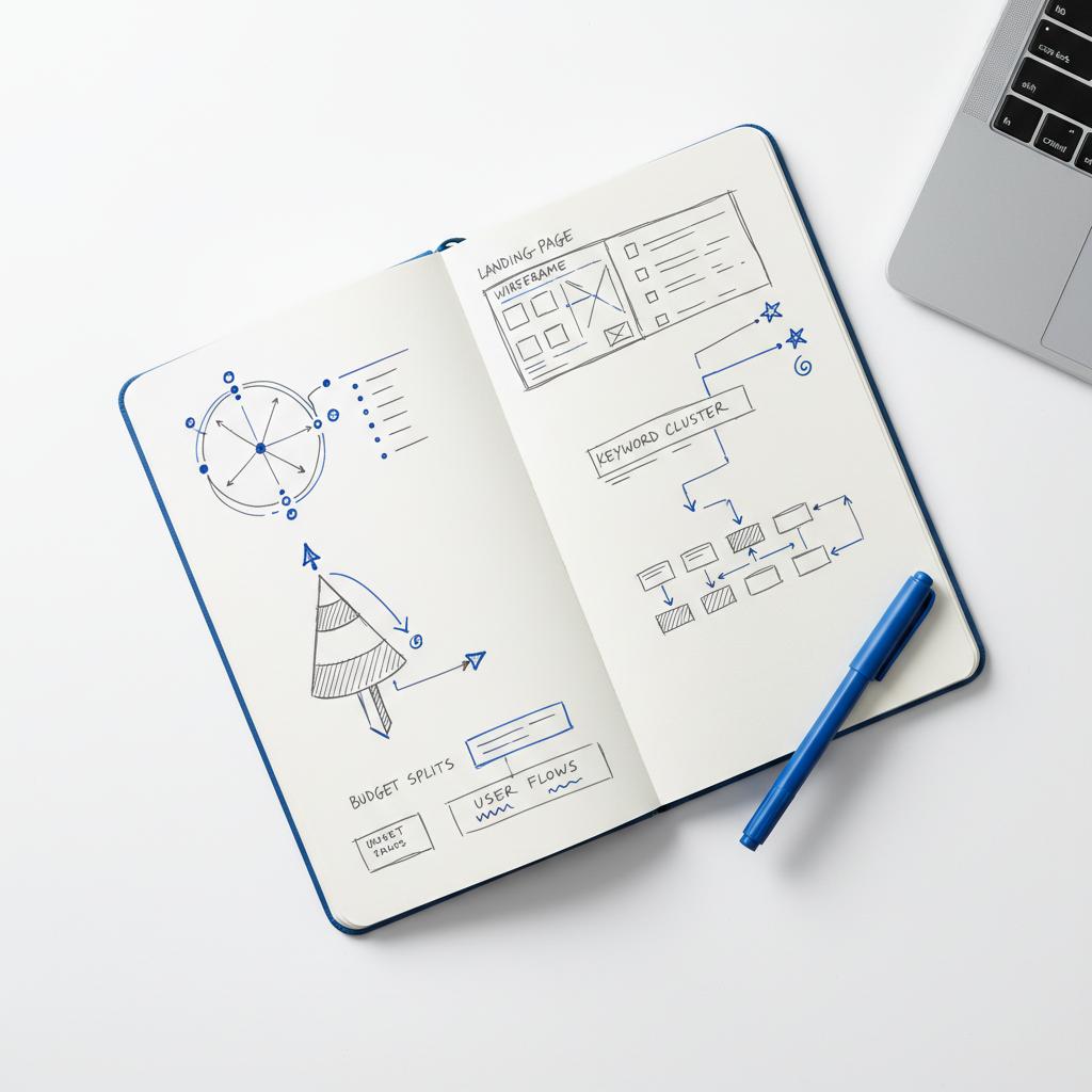 Top-down tidy desk with notebook sketches of landing-page wireframes and keyword clusters, blue #1a5bfb pen and laptop edge &mdash; Google Ads for financial advisors
