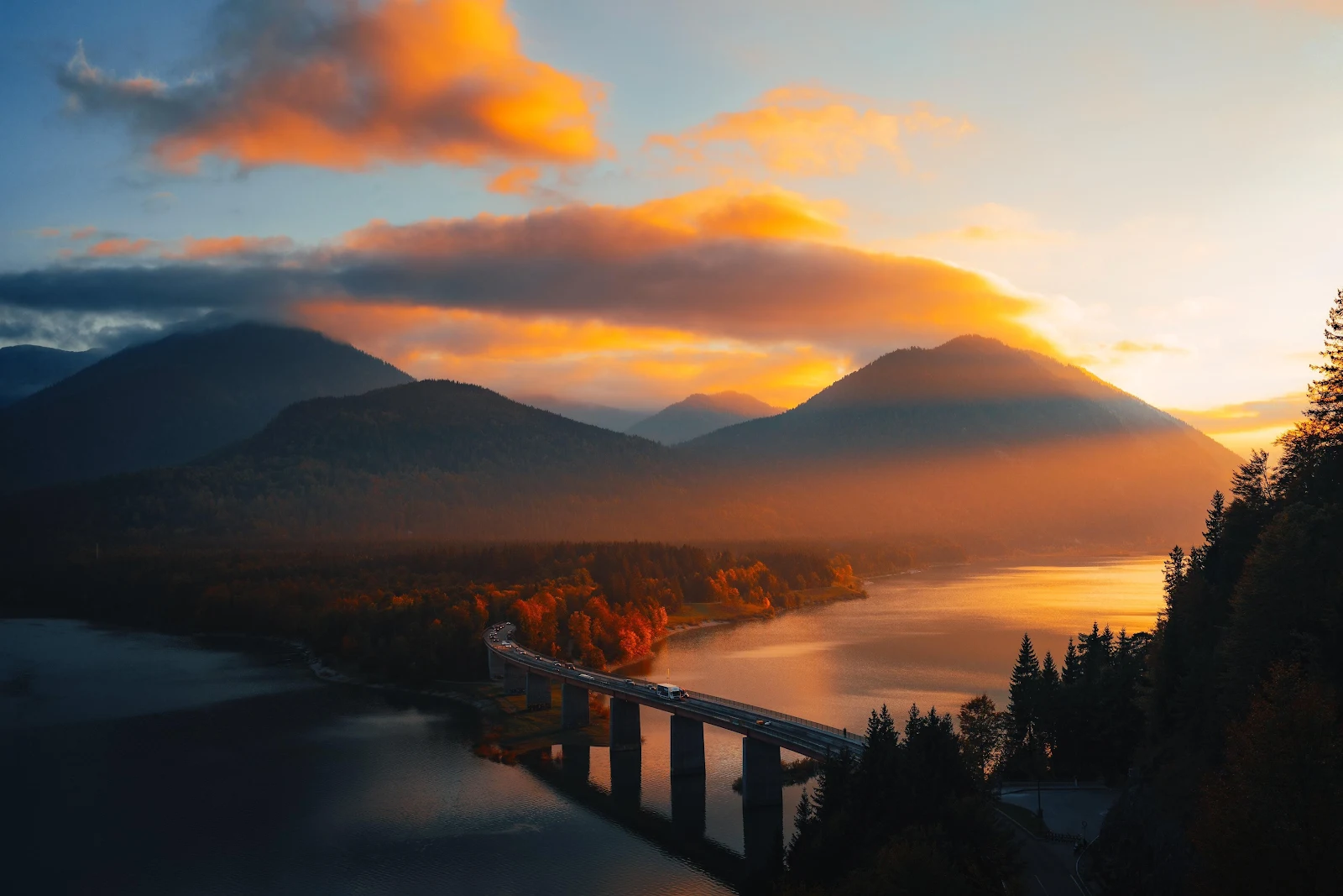 Mountain Lake, Sunrise Scenery, Bridge Landscape, Autumn Forest 4K Wallpaper Background (4096x2732)