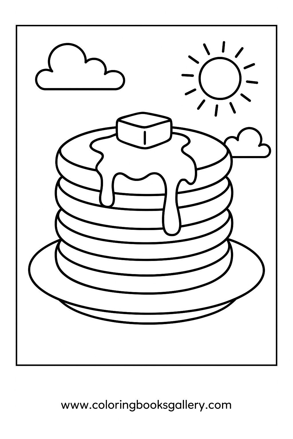 Pancakes stacked with syrup printable coloring sheet for kids and adults