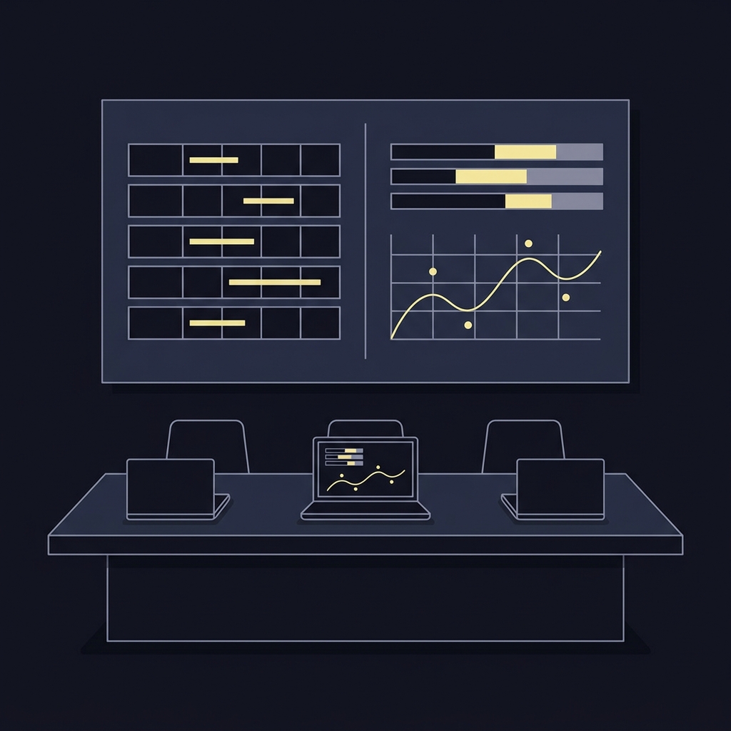 Minimal 2D vector of a meeting table with three laptops and a central monitor comparing a futures board and predictive rating charts in Funded Plays colors for best march madness bets