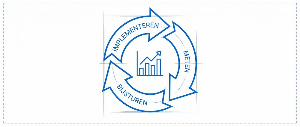 Een schets van de SEO cyclus: Implementeren, Meten, en Bijsturen, wat het belang van data-analyse aantoont.