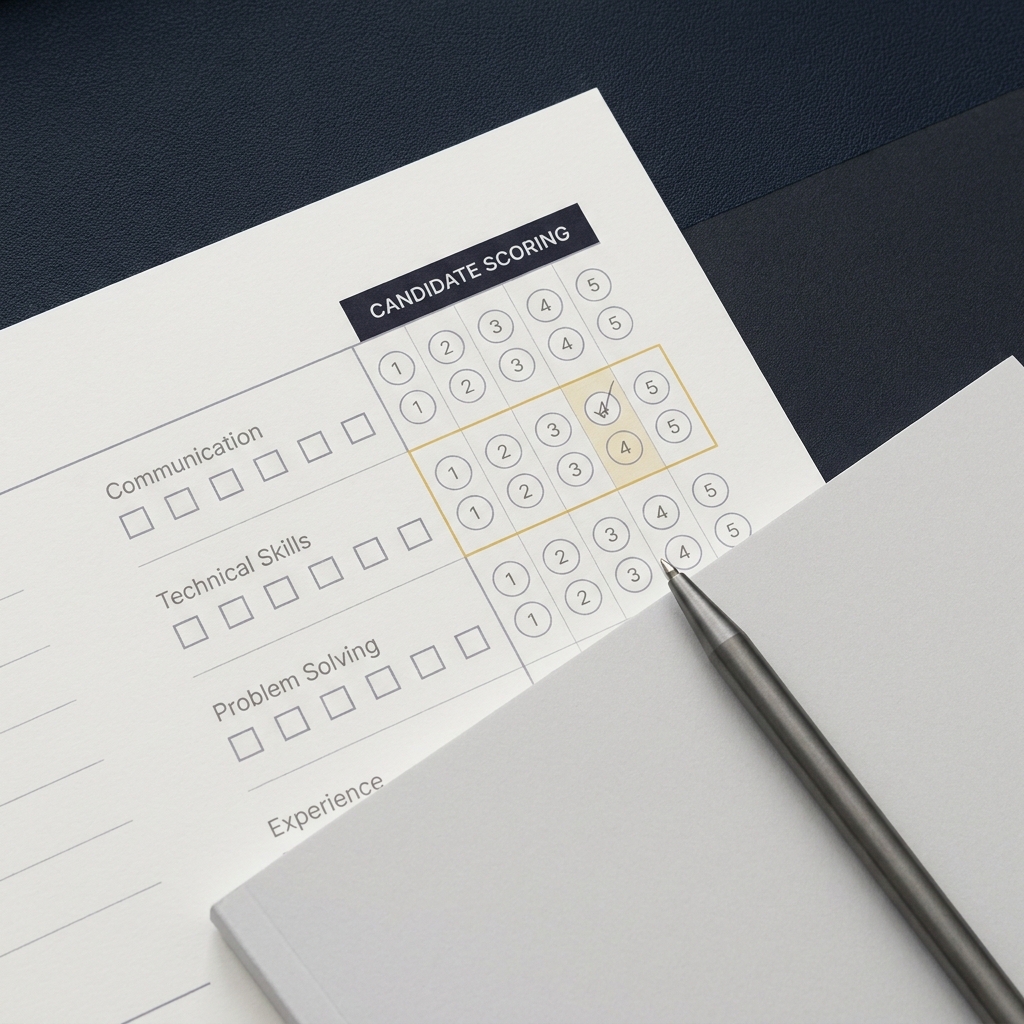 Close up minimalist candidate scoring form on a notepad with pen and small scoring table for ratings on Funded Plays dark background aqueduct picks cox