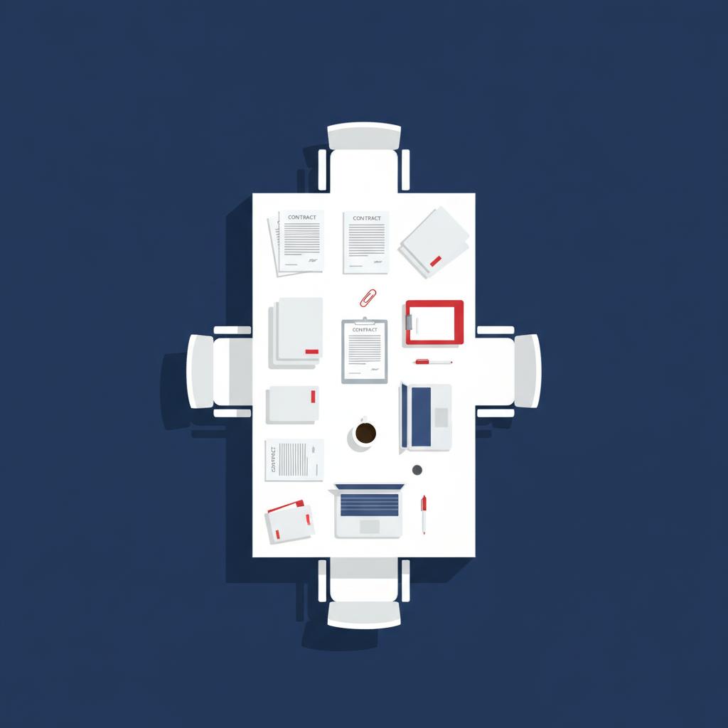 Minimal 2D vector flat lay of a conference table with empty chairs contract documents and red accent folder symbolizing a small business meeting american govt jobs